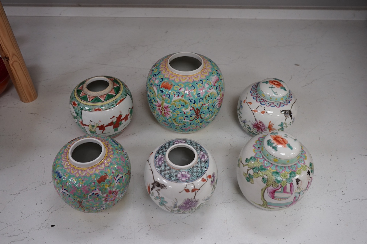 Six early 20th century Chinese enamelled porcelain jars, two with covers, largest 16cm high. Condition - fair, some cracks